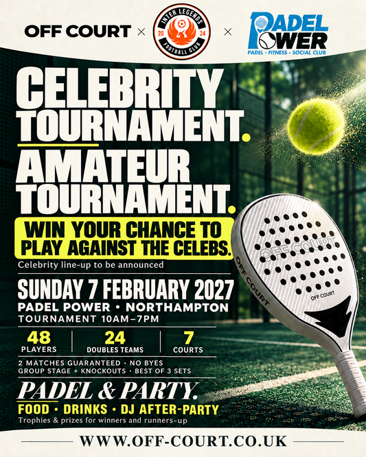 Off Court, Inter Legends and Padel Power celebrity and amateur padel tournament, Northampton, Sunday 7 February 2027, 10am to 7pm.