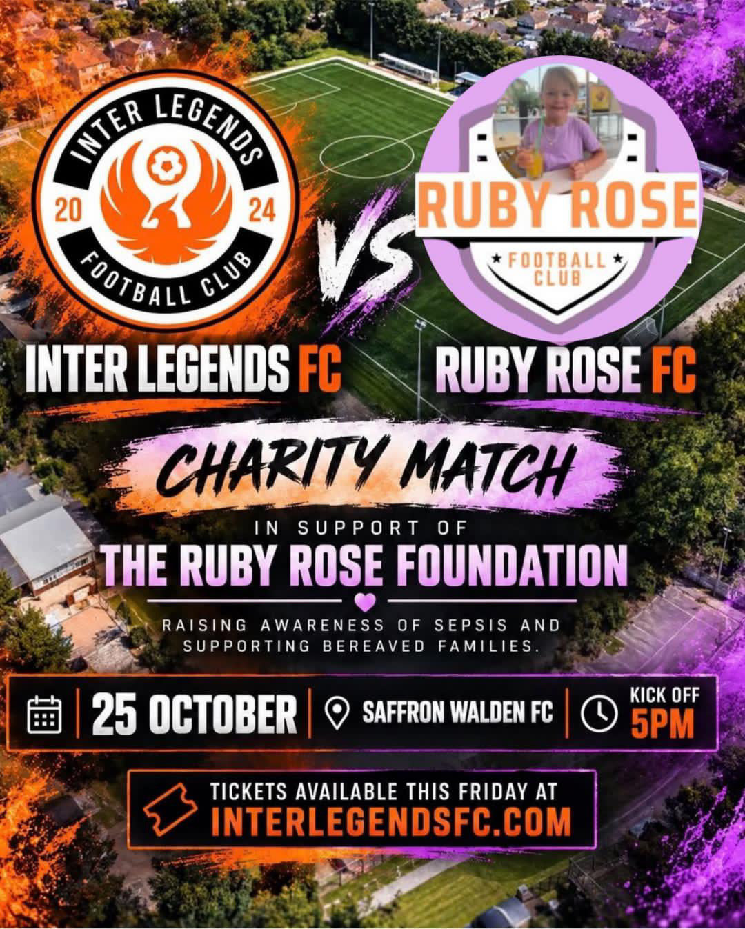 Inter Legends FC vs Ruby Rose FC charity match supporting The Ruby Rose Foundation at Saffron Walden FC, Sunday 25 October 2026, kick-off 5pm.